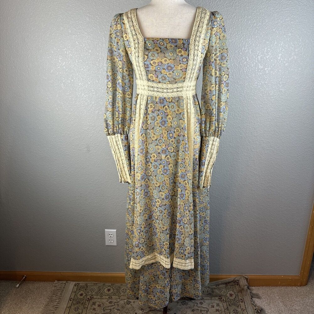 Gunne Sax Black Label Vintage Floral Cottage Prairie Dress Size 9 S Long Sleeve